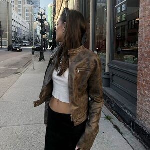 Women’s Brown Cropped Leather Bike Jacket
